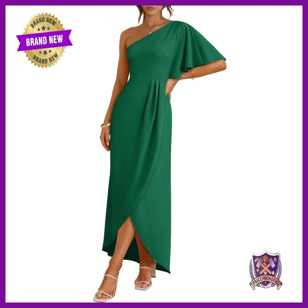 One Shoulder Formal Midi Dress Wrap High Slit Wedding Guest Party